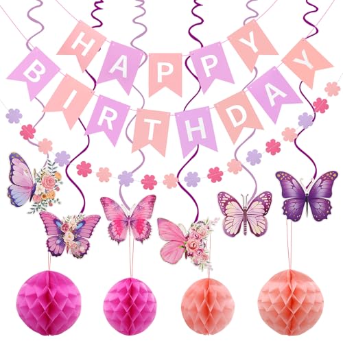 Lila Rosa Geburtstagsdeko Set, Happy Birthday Girlade Banner mit Schmetterlingen Hängende Wirbel Girlande Wabenbälle, Geburtstag Party Dekorationen für Mädchen, Frauen Lila Rosa Geburtstagsdeko Set, Happy Birthday Girlade Banner mit Schmetterlingen Hängende Wirbel Girlande Wabenbälle, Geburtstag Party Dekorationen für Mädchen, Frauen von Juibao