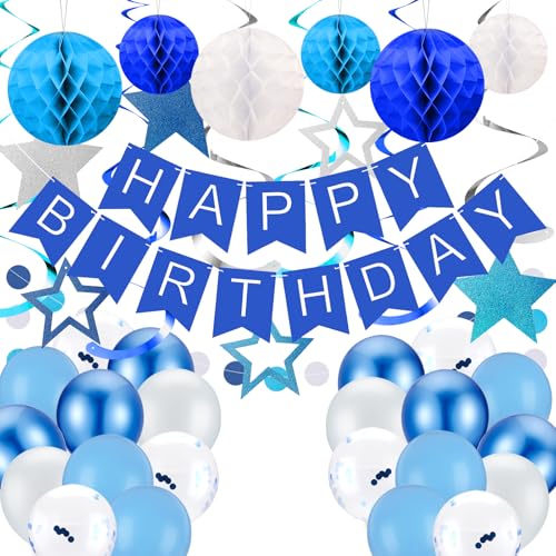 Blau Party Dekorationen Wimpelkette Set, Happy Birthday Banner mit hängenden Wirbeln Sternen, Luftballons, Wabenbälle, Kreis Punkte Girlande für Männer Jungen von Juivesia