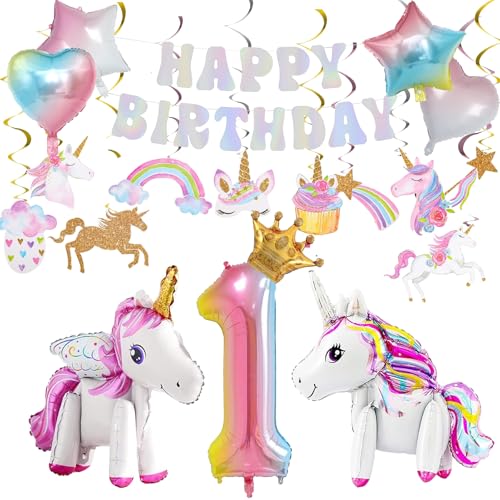 Geburtstag Dekorationen Kit mit 3D Selbststehendes Einhorn, Stern Herz Luftballons, Hängende Wirbel für Prinzessin Thema Mädchen Party Supplies (1. Geburtstag Dekorationen) von Juivesia