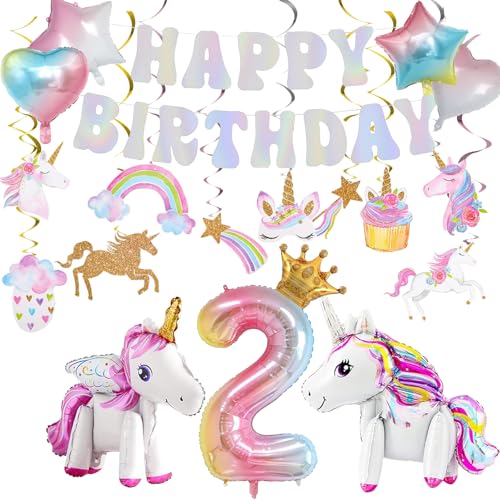 Geburtstag Dekorationen Kit mit 3D Selbststehendes Einhorn, Stern Herz Luftballons, Hängende Wirbel für Prinzessin Thema Mädchen Party Supplies (2nd Birthday Decorations) von Juivesia