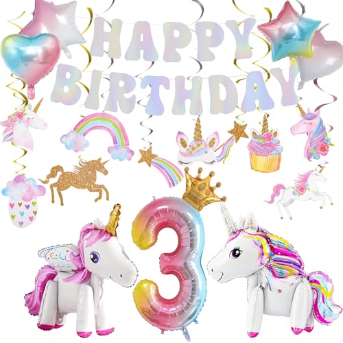 Geburtstag Dekorationen Kit mit 3D Selbststehendes Einhorn, Stern Herz Luftballons, Hängende Wirbel für Prinzessin Thema Mädchen Party Supplies (3. Geburtstag Dekorationen) von Juivesia