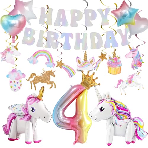 Geburtstag Dekorationen Kit mit 3D Selbststehendes Einhorn, Stern Herz Luftballons, Hängende Wirbel für Prinzessin Thema Mädchen Party Supplies (4th Birthday Decorations) von Juivesia
