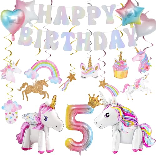 Geburtstag Dekorationen Kit mit 3D Selbststehendes Einhorn, Stern Herz Luftballons, Hängende Wirbel für Prinzessin Thema Mädchen Party Supplies (5th Birthday Decorations) von Juivesia
