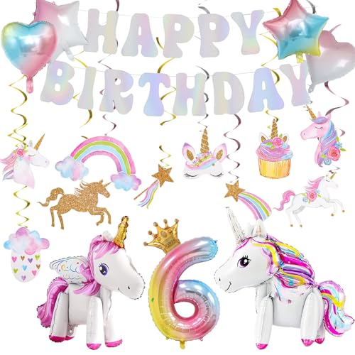 Geburtstag Dekorationen Kit mit 3D Selbststehendes Einhorn, Stern Herz Luftballons, Hängende Wirbel für Prinzessin Thema Mädchen Party Supplies (6 Jahre alte Geburtstagsdekorationen) von Juivesia