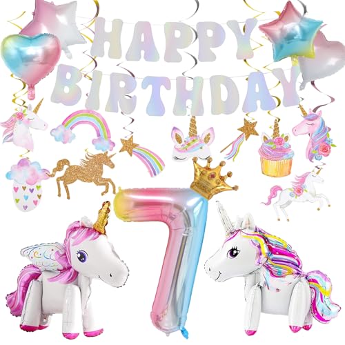 Geburtstag Dekorationen Kit mit 3D Selbststehendes Einhorn, Stern Herz Luftballons, Hängende Wirbel für Prinzessin Thema Mädchen Party Supplies (7 Jahre alte Geburtstagsdekorationen) von Juivesia
