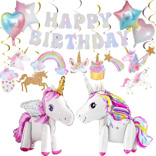 Geburtstag Dekorationen Kit mit 3D Selbststehendes Einhorn, Stern Herz Luftballons, Hängende Wirbel für Prinzessin Thema Mädchen Party Supplies (Einhorn Party Dekoration Set) von Juivesia