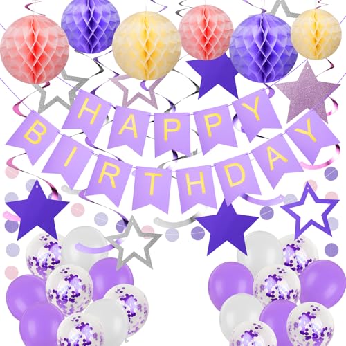 Geburtstag Party Dekorationen, Lila Happy Birthday Banner mit Lalic Luftballons, Wabenbälle, hängende Wirbel, Kreis Girlande für Frauen Mädchen Geburtstag Wimpelkette Supplies Geburtstag Party Dekorationen, Lila Happy Birthday Banner mit Lalic Luftballons, Wabenbälle, hängende Wirbel, Kreis Girlande für Frauen Mädchen Geburtstag Wimpelkette Supplies von Juivesia