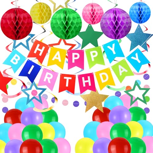 Geburtstagsdekorationen, Partyballons mit Happy Birthday Banner Wabenbälle, hängende Wirbel, Kreis Girlande für Frauen Mädchen Verlobung Jahrestag Geburtstag Party Supplies (Regenbogen) von Juivesia