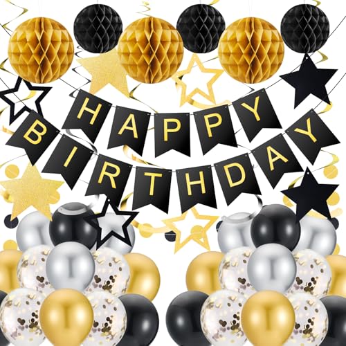 Gold und Schwarz Party Dekorationen Wimpelkette Set, Happy Birthday Banner mit hängenden Wirbeln Sternen, Luftballons, Wabenbälle, Kreis Punkte Girlande für Frauen Männer Gold und Schwarz Party Dekorationen Wimpelkette Set, Happy Birthday Banner mit hängenden Wirbeln Sternen, Luftballons, Wabenbälle, Kreis Punkte Girlande für Frauen Männer von Juivesia