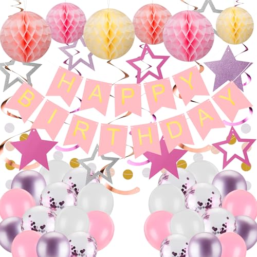 Rosa Party Dekorationen Wimpelkette Set, Happy Birthday Banner mit hängenden Wirbeln Sternen, Luftballons, Wabenbälle, Kreis Punkte Girlande für Frauen Mädchen von Juivesia