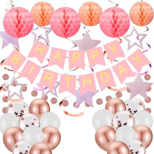 Rose Gold Party Dekorationen Wimpelkette Set, Happy Birthday Banner mit hängenden Wirbeln Sternen, Luftballons, Wabenbälle, Kreis Punkte Girlande für Frauen Mädchen Rose Gold Party Dekorationen Wimpelkette Set, Happy Birthday Banner mit hängenden Wirbeln Sternen, Luftballons, Wabenbälle, Kreis Punkte Girlande für Frauen Mädchen von Juivesia