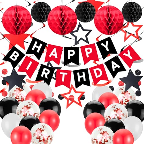 Rot & Schwarz Party Dekorationen Wimpelkette Kit, Happy Birthday Banner mit hängenden Wirbeln Sternen, Luftballons, Wabenbälle, Kreis Punkte Girlande für Frauen Männer Rot & Schwarz Party Dekorationen Wimpelkette Kit, Happy Birthday Banner mit hängenden Wirbeln Sternen, Luftballons, Wabenbälle, Kreis Punkte Girlande für Frauen Männer von Juivesia