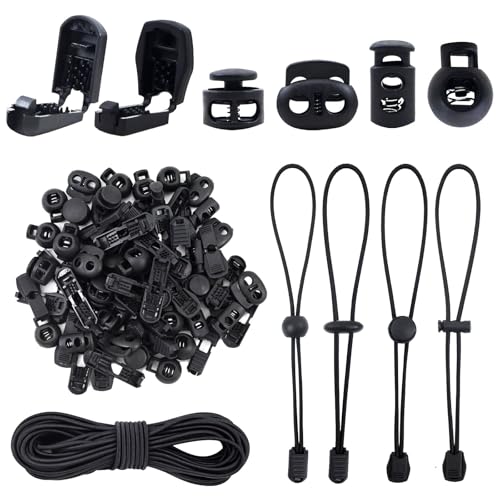 Elastische Gummischnur 10m - 3mm Gummiseil mit 40 Kordelstopper 2 Loch & 40 Kordelklemme, Schwarz Gummiband Rund, Gummikordel Expanderseil für Kordelzug, Rucksack, Wäscheleinen, Zelte von Jukibole