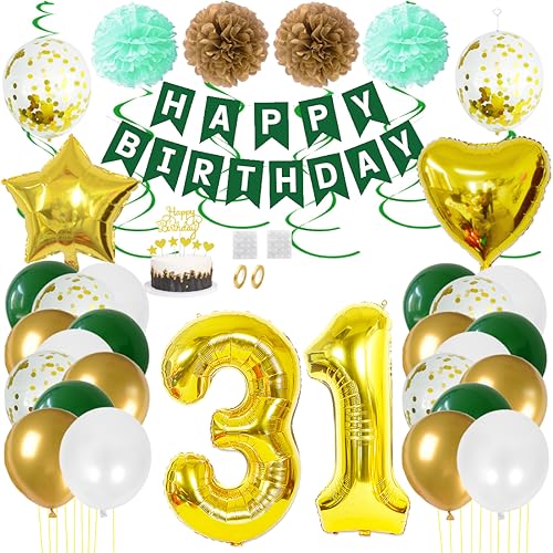 Juland 31. Geburtstag Deko Männer Frauen Grün Gold Geburtstagsdeko Mädchen Junge Happy Birthday Banner 31 Jahre Geburtstag Nummer Folienballons Pompons Konfetti Luftballons Pompons Tortenaufsatz von Juland