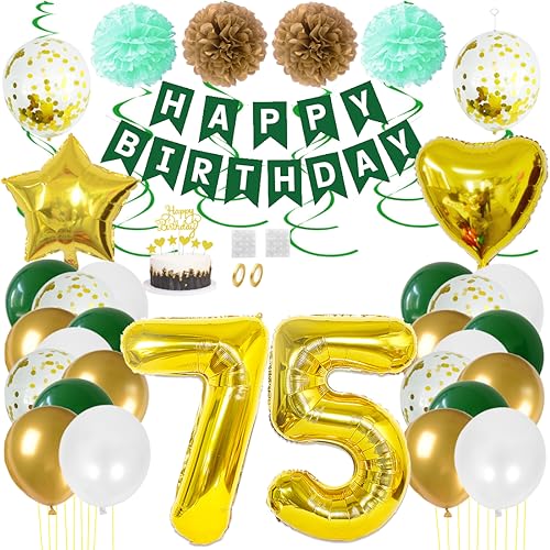 Juland 75. Geburtstag Deko Männer Frauen Grün Gold Geburtstagsdeko Mädchen Junge Happy Birthday Banner 75 Jahre Geburtstag Nummer Folienballons Pompons Konfetti Luftballons Pompons Tortenaufsatz von Juland