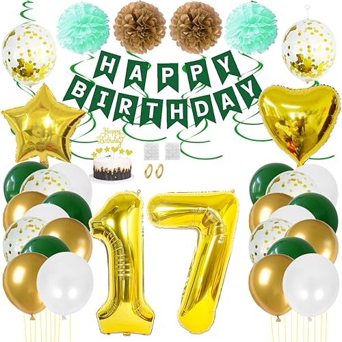 Juland 17. Geburtstag Deko Männer Frauen Grün Gold Geburtstagsdeko Mädchen Junge Happy Birthday Banner 17 Jahre Geburtstag Nummer Folienballons Pompons Konfetti Luftballons Pompons Tortenaufsatz Juland 17. Geburtstag Deko Männer Frauen Grün Gold Geburtstagsdeko Mädchen Junge Happy Birthday Banner 17 Jahre Geburtstag Nummer Folienballons Pompons Konfetti Luftballons Pompons Tortenaufsatz von Juland