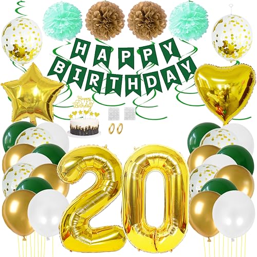 Juland 20. Geburtstag Deko Männer Frauen Grün Gold Geburtstagsdeko Mädchen Junge Happy Birthday Banner 20 Jahre Geburtstag Nummer Folienballons Pompons Konfetti Luftballons Pompons Tortenaufsatz von Juland