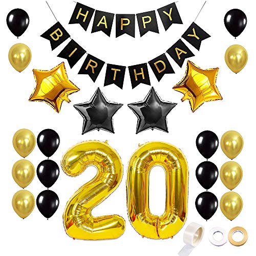 Juland 20. Geburtstag Luftballons Dekoration Happy Birthday Banner Party Zubehör Sets für Männer Boy Folienballons Gold Silber Schwarz Dekor mit Folienballon Star Latex Ballon von Juland