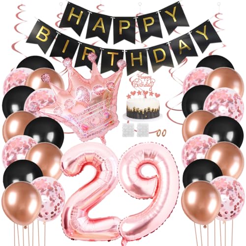Juland 29. Geburtstag Deko Männer Frauen Schwarz Rose Gold Geburtstagsdeko Mädchen Junge Happy Birthday Banner 29 Jahre Geburtstag Nummer Folienballons Krone Konfetti Luftballons Tortenaufsatz von Juland