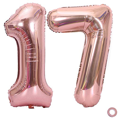 Juland Luftballon Zahl 17. Geburtstag XXL Riesen Folienballon Zahl Rosegold Geburtstag Folienballon Helium Folie Pinke Luftballons für Geburtstag Jubiläum 40 Zoll - Riesenzahlen #17 von Juland