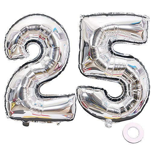 Juland Luftballons 25. Geburtstag XXL Riesen Folienballon Luftballon Zahl 25 52 Silber Nummer Ballons Große Folienmylar-Ballons 40-Zoll-Riesen-Jumbo-Zahl-Ballons zum 25. Geburtstag Partydekorationen von Juland