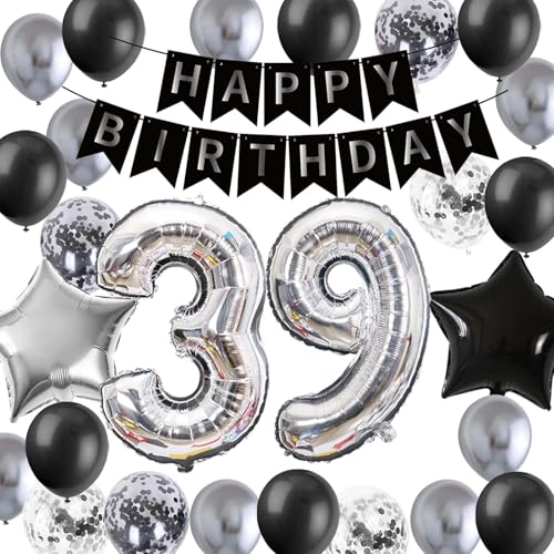 Silber-schwarze Dekoration zum 39. Geburtstag, Banner zum 39. Geburtstag, Latex-Konfetti-Ballons, Zahl 39, Stern-Folienballons für 39 Jahre alte Männer, Ihn, Ehemann, Jahrestag, Party-Dekorzubehör (39 Silber-schwarze Dekoration zum 39. Geburtstag, Banner zum 39. Geburtstag, Latex-Konfetti-Ballons, Zahl 39, Stern-Folienballons für 39 Jahre alte Männer, Ihn, Ehemann, Jahrestag, Party-Dekorzubehör (39 von JumDaQQ