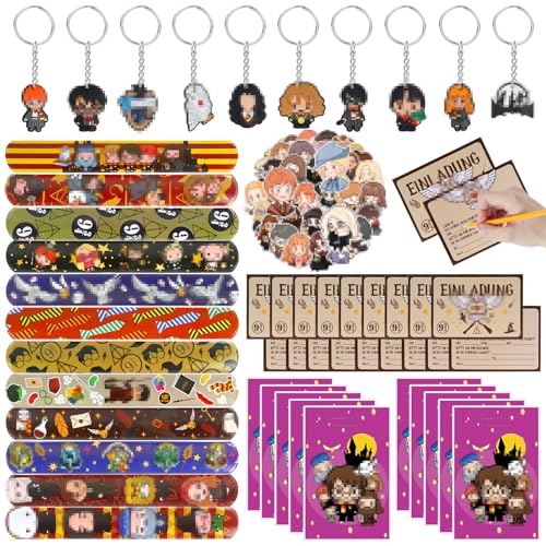 94 Stück Magic Wizard Party Mitgebsel Kindergeburtstag, Harry Geburtstag Party Mitgebsel, 10 Geschenk Taschen 12 Armbänder 10 Geschenktüten 50 Aufkleber 12 Einladungskarten für Kinder Jungen Mädchen von JunMallko