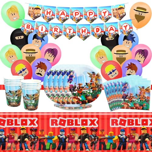 Roblo Geburtstag Partygeschirr Set - 57 Teile Deko für Kindergeburtstag Mit Luftballons, Teller, Tassen, Servietten, Tischdecken, Banner - Für 10 Gäste von JunMallko