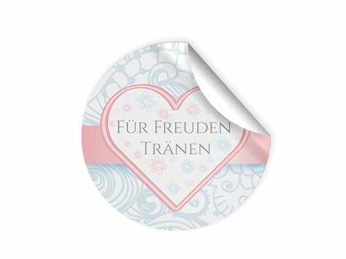 100 Aufkleber "FÜR FREUDEN TRÄNEN" für Hochzeit, Standesamt, Konfirmation, Kommunion, Taufe (ø 4,5 cm). Ideal für Taschentücher, Kerzen, Servietten. Eleganter Ornament mit Herz blau rosa Romantik von Junapack