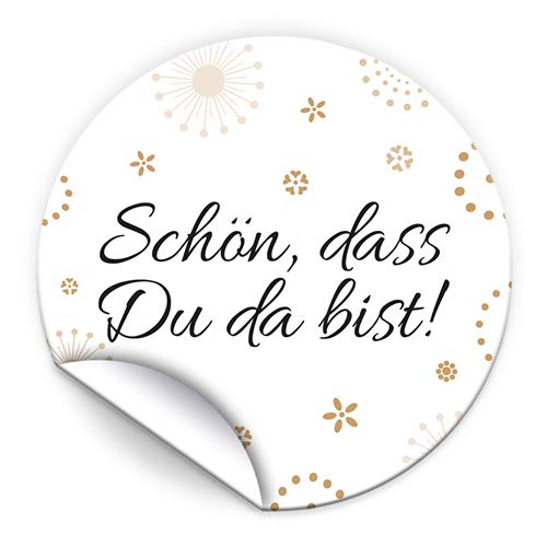 100 Aufkleber SCHÖN, DASS DU DA BIST Etiketten für Gastgeschenke BZW. Mitgebsel bei Hochzeit Taufe Geburtstag Jubiläum (4,5 cm rund) von Junapack