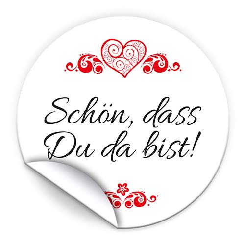 100 Aufkleber SCHÖN, DASS DU DA BIST Etiketten für Gastgeschenke BZW. Mitgebsel bei Hochzeit Taufe Geburtstag Jubiläum (4,5 cm rund) von Junapack