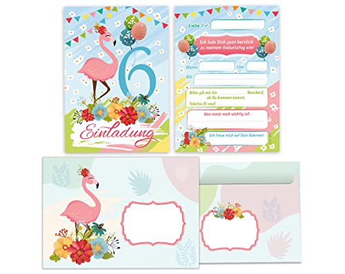 Junapack 12 Einladungskarten incl. 12 Umschläge 6. Kindergeburtstag sechste Geburtstag Mädchen Flamingo von Junapack