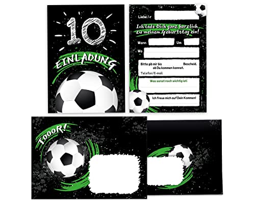 12 Einladungskarten incl. 12 Umschläge zum 10. Kindergeburtstag zehnte Geburtstag Jungen Fussball Fußball von Junapack