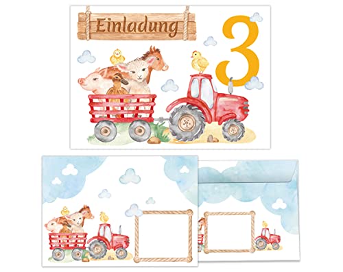 12 Einladungskarten incl. 12 Umschläge zum 3. Kindergeburtstag Einladungen dritte Geburtstag Mädchen Jungen Bauernhof von Junapack