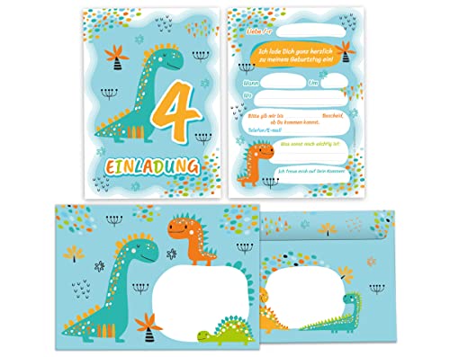 12 Einladungskarten incl. 12 Umschläge zum 4. Kindergeburtstag vierte Geburtstag Jungen Dino Dinosaurier Geburtstagseinladungen von Junapack