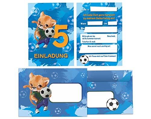 12 Einladungskarten incl. 12 Umschläge zum 5. Kindergeburtstag fünfte Geburtstag Junagen Fussball Fußball Löwe von Junapack