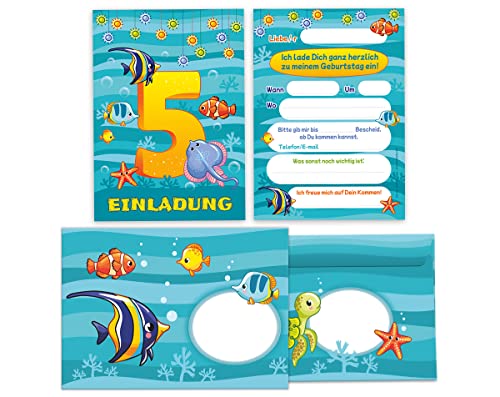12 Einladungskarten incl. 12 Umschläge zum 5. Kindergeburtstag fünfte Geburtstag Jungen Mädchen Fische von Junapack
