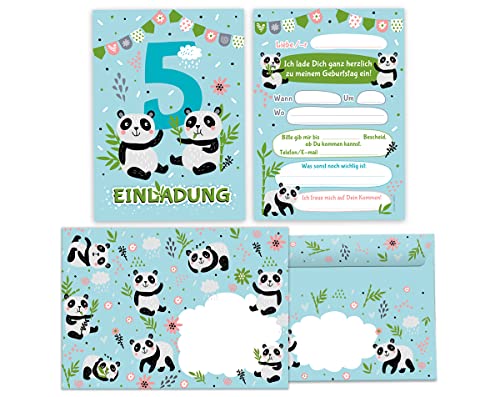 12 Einladungskarten incl. 12 Umschläge zum 5. Kindergeburtstag fünfte Geburtstag Mädchen Jungen Panda von Junapack