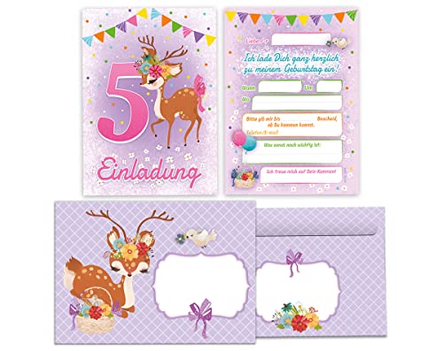 Junapack 12 Einladungskarten incl. 12 Umschläge zum 5. Kindergeburtstag fünfte Geburtstag Mädchen Reh von Junapack