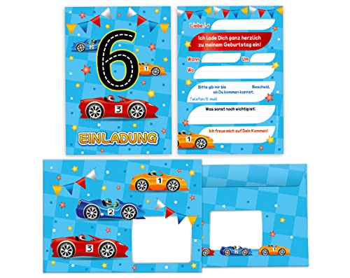 12 Einladungskarten incl. 12 Umschläge zum 6. Kindergeburtstag sechste Geburtstag Jungen Rennauto Geburtstagseinladungen von Junapack