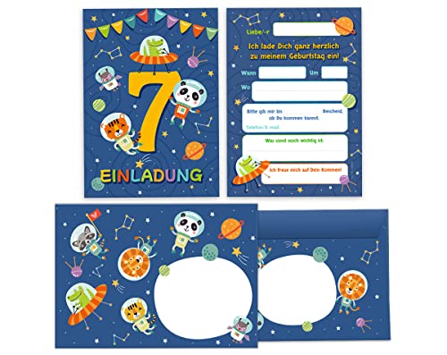 12 Einladungskarten incl. 12 Umschläge zum 7. Kindergeburtstag siebte Geburtstag Jungen Mädchen Astronautenparty Weltall Geburtstagseinladungen von Junapack