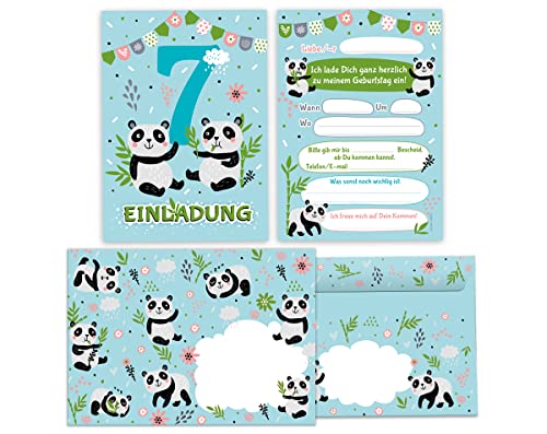 12 Einladungskarten incl. 12 Umschläge zum 7. Kindergeburtstag siebte Geburtstag Mädchen Jungen Panda von Junapack