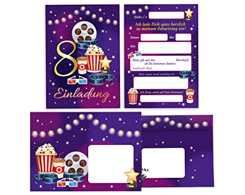 12 Einladungskarten incl. 12 Umschläge zum 8. Kindergeburtstag Kino achte Geburtstag Mädchen Jungen Cinema Kino-Party von Junapack