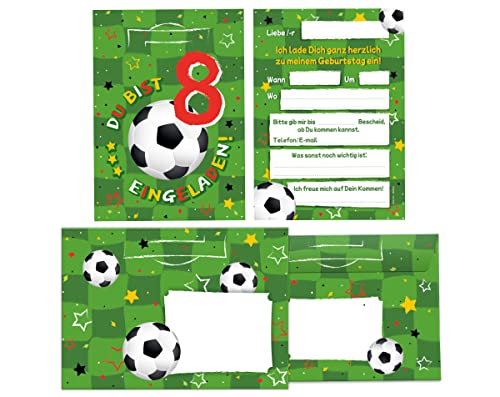 12 Einladungskarten incl. 12 Umschläge zum 8. Kindergeburtstag achte Geburtstag Junagen Fussball Fußball von Junapack