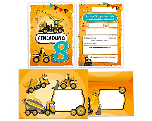 12 Einladungskarten incl. 12 Umschläge zum 8. Kindergeburtstag achte Geburtstag Jungen Baustelle Geburtstagseinladungen von Junapack