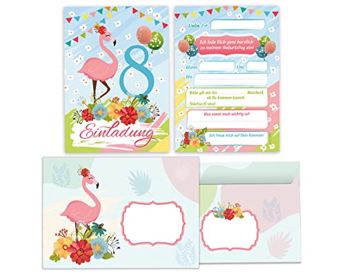 Junapack 12 Einladungskarten incl. 12 Umschläge zum 8. Kindergeburtstag achte Geburtstag Mädchen Flamingo von Junapack