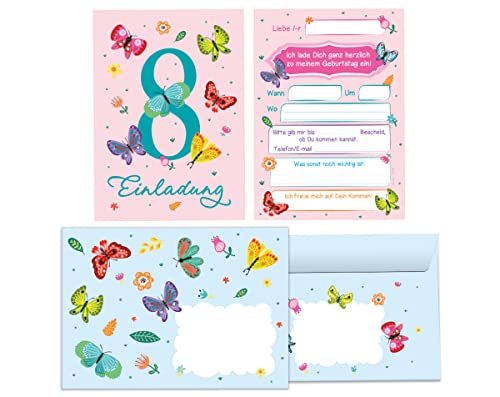 12 Einladungskarten incl. 12 Umschläge zum 8. Kindergeburtstag achte Geburtstag Mädchen Schmetterlinge von Junapack