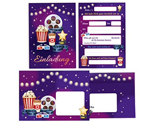 12 Einladungskarten incl. 12 Umschläge zum Kindergeburtstag Kino Einladungen für Geburtstag Mädchen Jungen Cinema Kino-Party von Junapack
