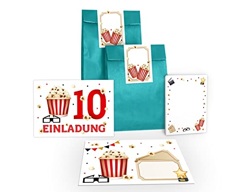 12 Einladungskarten zum 10. Kindergeburtstag Kino zehnte Geburtstag Mädchen Jungen Kino-Party Cinema incl. 12 Umschläge, 12 Tüten / petrol, 12 Aufkleber, 12 Blöcke von Junapack