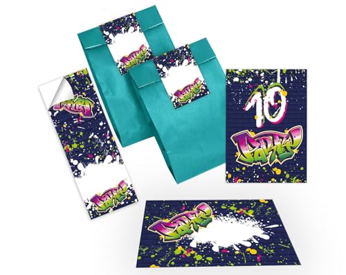 12 Einladungskarten zum 10. Kindergeburtstag Party Einladung Set Geburtstag Mädchen Kinder Jungen Boys Geschenktüte inkl. 12 Umschläge, 12 Tüten, 12 Aufkleber Graffiti Jugendstill modern bunt neon 12 Einladungskarten zum 10. Kindergeburtstag Party Einladung Set Geburtstag Mädchen Kinder Jungen Boys Geschenktüte inkl. 12 Umschläge, 12 Tüten, 12 Aufkleber Graffiti Jugendstill modern bunt neon von Junapack